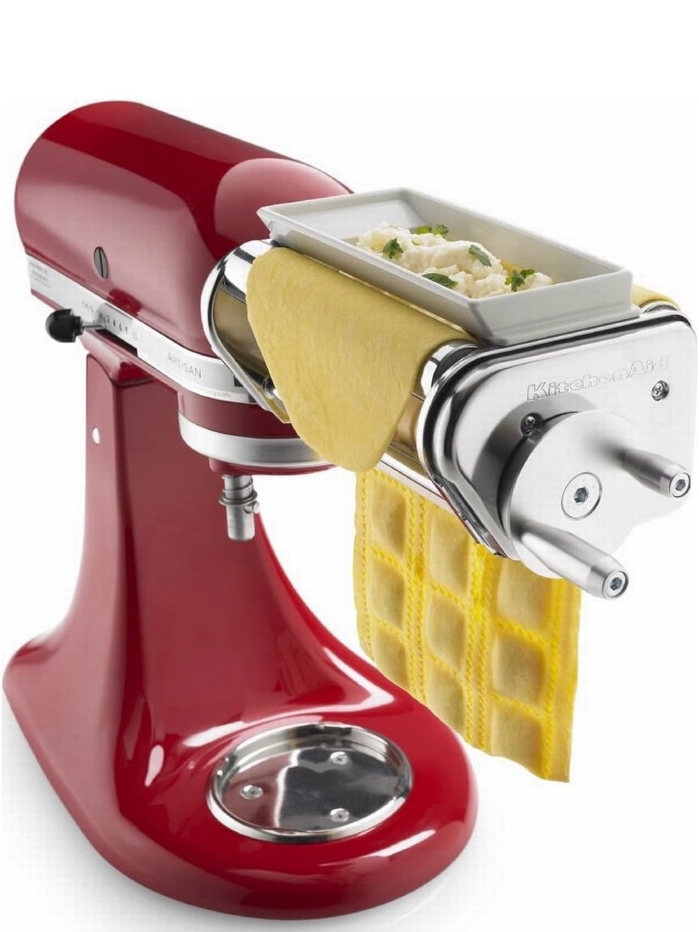 KitchenAid Silver Ravioli Maker Attachment on Red Mixer